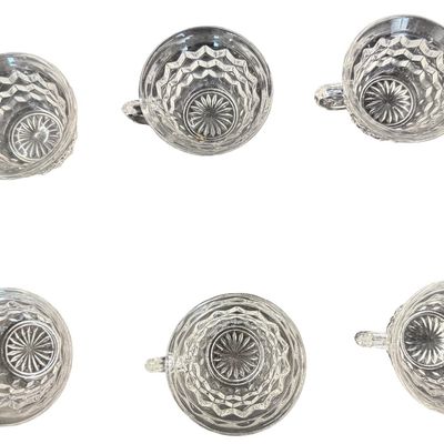 Vintage Fostoria American Clear Pressed Glass Punch Cups featuring a Geometric Cubist Diamond Pattern and D-Style Handles - Set of 6