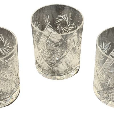 Russian Cut Crystal Double Old-Fashioned Whiskey Rocks Glasses featuring a Classic Geometric Star and Diamond Pattern - Lot of 3