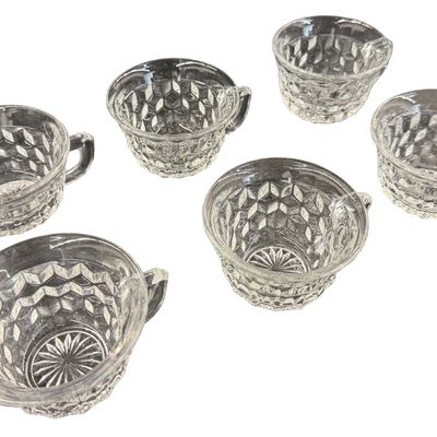 Vintage Fostoria American Clear Pressed Glass Punch Cups featuring a Geometric Cubist Diamond Pattern and D-Style Handles - Set of 6