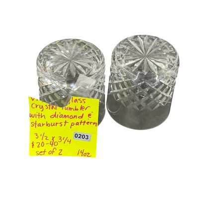 Vintage Cut-Crystal Double Old-Fashioned Whiskey Diamond Starburst Pattern Tumbler Set of 2