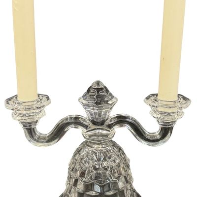 Vintage Fostoria American Clear Crystal "Duo" Double-Arm Candlestick Holder with Two Candles