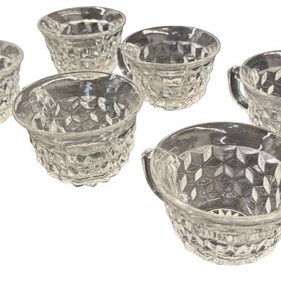 Vintage Fostoria American Clear Pressed Glass Punch Cups featuring a Geometric Cubist Diamond Pattern and D-Style Handles - Set of 6