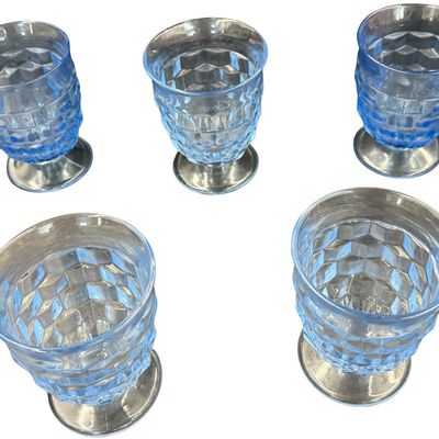Vintage Light Blue Indiana Glass Whitehall Water Goblets in the Whitehall (or Cubist) Pattern (1960s - 1970s) - Set of 5