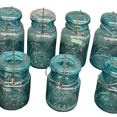 Vintage Ball Ideal Aqua-Blue Glass Wire-Bale Fruit Jars/Canning Jars featuring Embossed Lettering and Glass Lids - Lot of 9