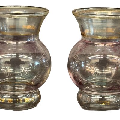 Vintage Bartlett Collins Glass Bud Vases With A Bulbous Shape And Gold Trim