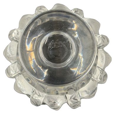 Lalique Dampierre Vase, featuring Clear and Frosted Crystal Sculpted with a Charming Continuous Frieze of Small Sparrows and Leafy Foliage
