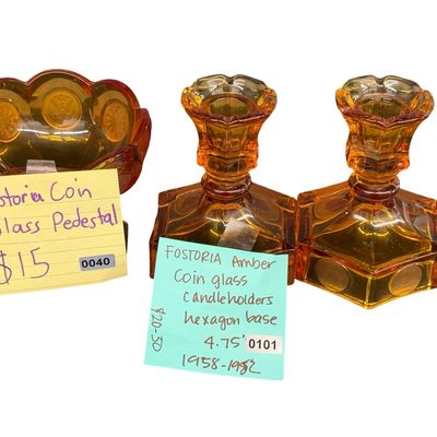 Vintage Fostoria Amber Coin Glass Candleholders Amber Glass Pedestal Compote or Jelly Dish with a Hexagon Base - Lot of 3