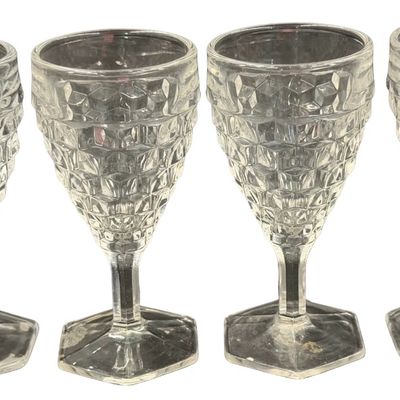 Vintage Fostoria American Clear Pressed Footed Water Glass Goblets with Hexagonal Base- Lot of 4
