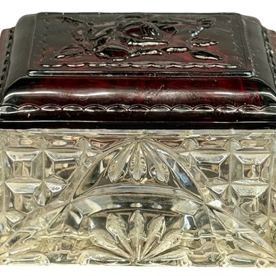 Vintage Anchor Hocking Rectangular Royal Ruby and Clear Cut-Glass Jewelry Box