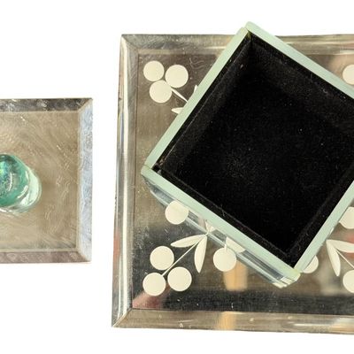 Vintage Etched Mirrored Glass Trinket or Jewelry Box with a Matching Mirror Tray - SMALL