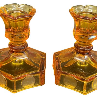 Vintage Fostoria Amber Coin Glass Candleholders Amber Glass Pedestal Compote or Jelly Dish with a Hexagon Base - Lot of 3