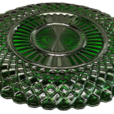 Vintage Anchor Hocking Waterford Forest Green Glass Platter featuring a Scalloped Edge and Textured Pattern