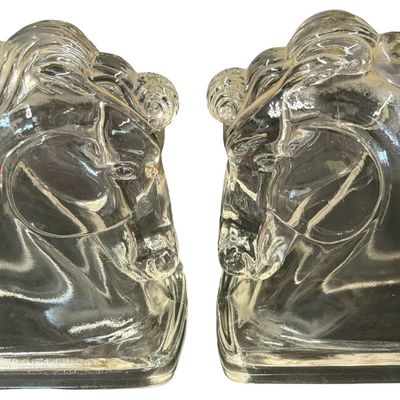 Vintage Federal Clear Pressed-Glass Horse Head Bookends