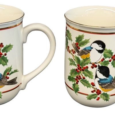 Vintage Otagiri Japan Chickadee and Holly Berry Mugs featuring a Holiday Motif from the Gibson Greeting Cards Collection - Lot of 6