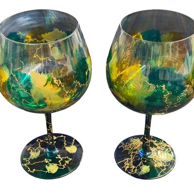 DISCONTINUED Monarch Crystal Lagoon Hand-Painted Balloon Wine Goblets in the "Rainforest" Blue-Green and Gold Accent Pattern