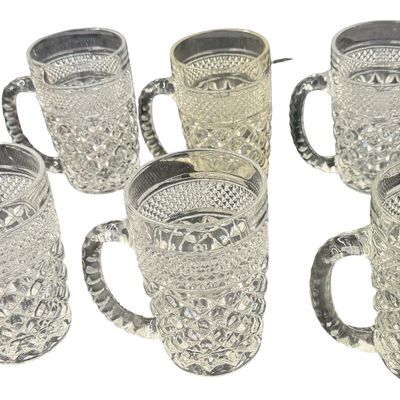 Vintage Anchor Hocking Wexford Clear Glass Mug featuring a Classic Criss-Cross Diamond and Textured Diamond-Point Pattern - Set of 6