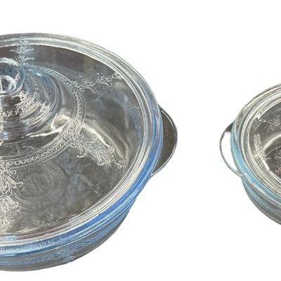 Vintage Anchor Hocking Fire-King "Philbe" Sapphire Blue Round Glass Covered Casserole Dish Sets with Matching Knob Lids - Set of 2