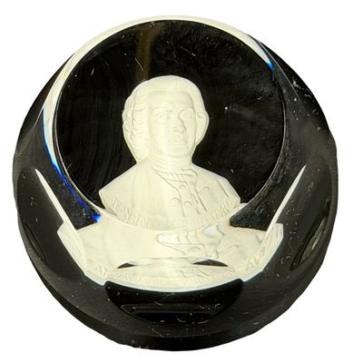 Vintage 1976 Cobalt Royal Blue Crystal Glass PAPERWEIGHT Sulfide Cameo Portrait of JEAN-JACQUE ROUSSEAU