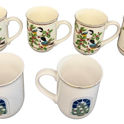 Vintage Otagiri Japan Chickadee and Holly Berry Mugs featuring a Holiday Motif from the Gibson Greeting Cards Collection - Lot of 6