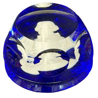 Vintage 1975 Cobalt Royal Blue Crystal Glass PAPERWEIGHT Sulfide Cameo Portrait of THOMAS JEFFERSON