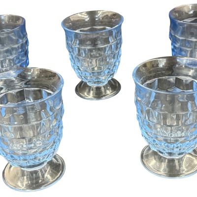 Vintage Light Blue Indiana Glass Whitehall Water Goblets in the Whitehall (or Cubist) Pattern (1960s - 1970s) - Set of 5