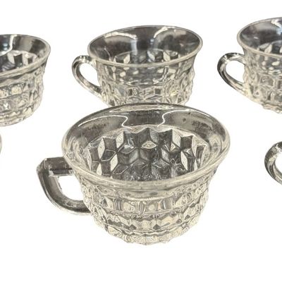 Vintage Fostoria American Clear Pressed Glass Punch Cups featuring a Geometric Cubist Diamond Pattern and D-Style Handles - Set of 6