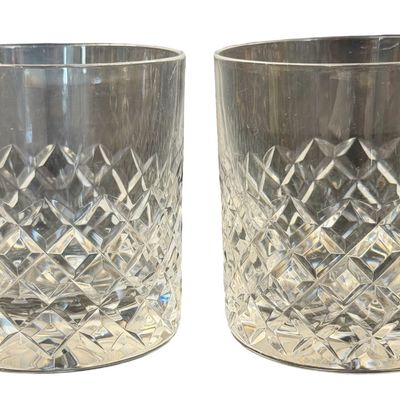 Vintage Cut-Crystal Double Old-Fashioned Whiskey Diamond Starburst Pattern Tumbler Set of 2