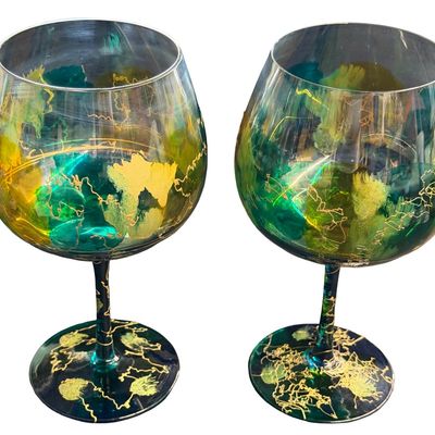 DISCONTINUED Monarch Crystal Lagoon Hand-Painted Balloon Wine Goblets in the "Rainforest" Blue-Green and Gold Accent Pattern