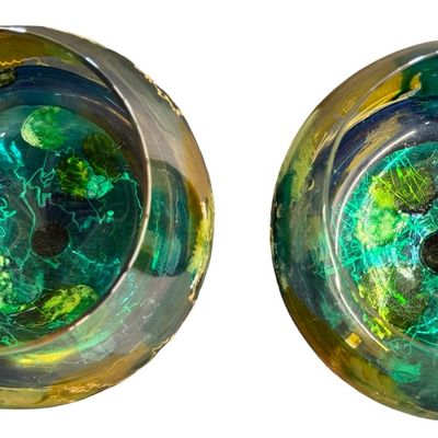 DISCONTINUED Monarch Crystal Lagoon Hand-Painted Balloon Wine Goblets in the "Rainforest" Blue-Green and Gold Accent Pattern