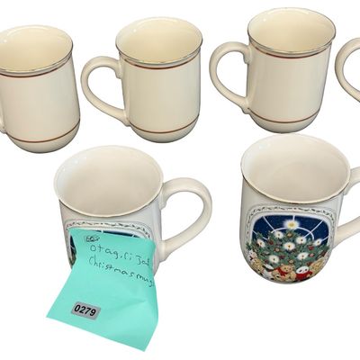 Vintage Otagiri Japan Chickadee and Holly Berry Mugs featuring a Holiday Motif from the Gibson Greeting Cards Collection - Lot of 6