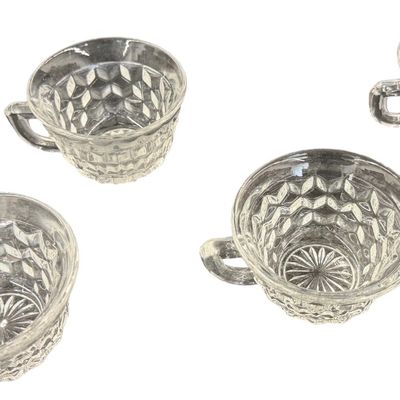 Vintage Fostoria American Clear Pressed Glass Punch Cups featuring a Geometric Cubist Diamond Pattern and D-Style Handles - Set of 6