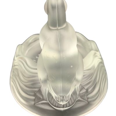 Vintage Art Deco Clear and Frosted Satin Glass Soap or Trinket Dish featuring a Stylized Oval Duck Tray or Bird Tray by Verlys for Fenton
