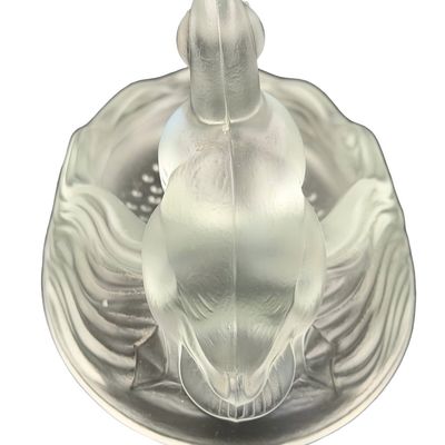 Vintage Art Deco Clear and Frosted Satin Glass Soap or Trinket Dish featuring a Stylized Oval Duck Tray or Bird Tray by Verlys for Fenton