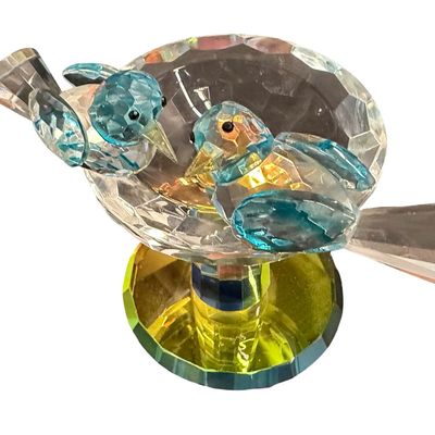 Crystal Blue Birds on a Birdbath w/ Mirrored Base Figurine