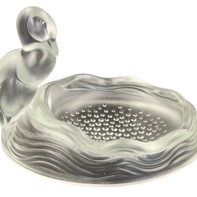 Vintage Art Deco Clear and Frosted Satin Glass Soap or Trinket Dish featuring a Stylized Oval Duck Tray or Bird Tray by Verlys for Fenton