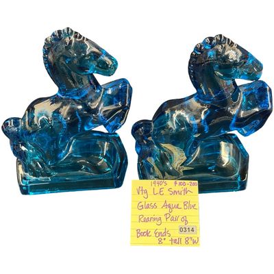 Vintage Set of Mid-20th Century L.E. Smith Aqua or Turquoise Blue Glass Rearing Horse Bookends