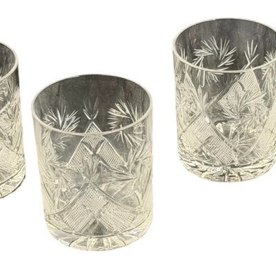Russian Cut Crystal Double Old-Fashioned Whiskey Rocks Glasses featuring a Classic Geometric Star and Diamond Pattern - Lot of 3