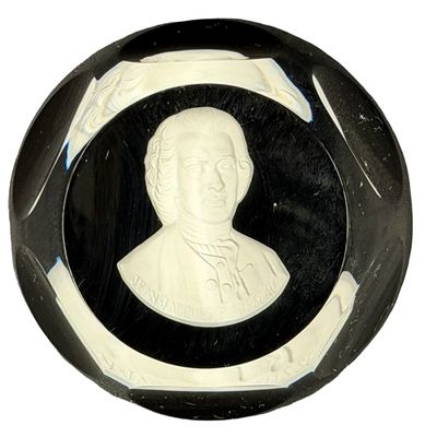 Vintage 1976 Cobalt Royal Blue Crystal Glass PAPERWEIGHT Sulfide Cameo Portrait of JEAN-JACQUE ROUSSEAU