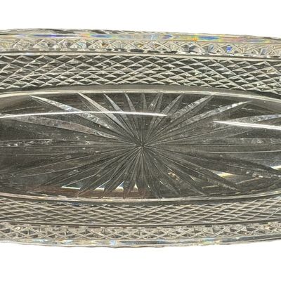 Vintage Waterford Crystal Oval Celery or Relish Dish featuring a Brilliant Diamond Cut Pattern and a Radiant Starburst Design at the Base