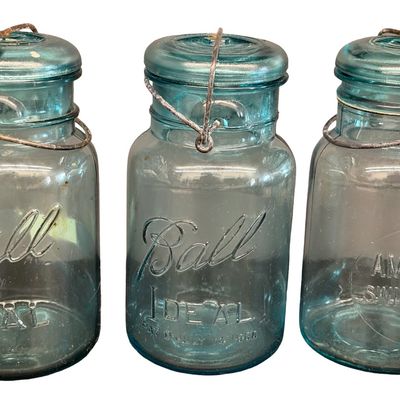 Vintage Ball Ideal Aqua-Blue Glass Wire-Bale Fruit Jars/Canning Jars featuring Embossed Lettering and Glass Lids - Lot of 9