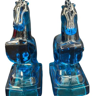 Vintage Set of Mid-20th Century L.E. Smith Aqua or Turquoise Blue Glass Rearing Horse Bookends