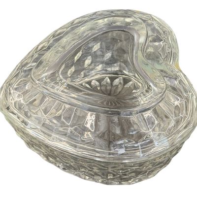 Fostoria American Cubist Pattern Heart Shaped Crystal Candy Trinket Dish by Homco "Lady Love"