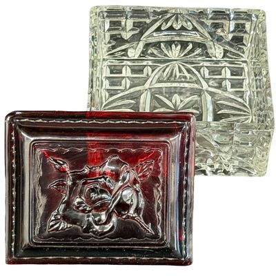 Vintage Anchor Hocking Rectangular Royal Ruby and Clear Cut-Glass Jewelry Box