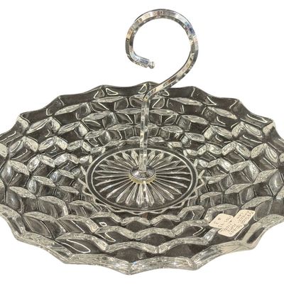 Vintage Fostoria American Clear Pressed Glass Handled Cake Tray With Metal Handle