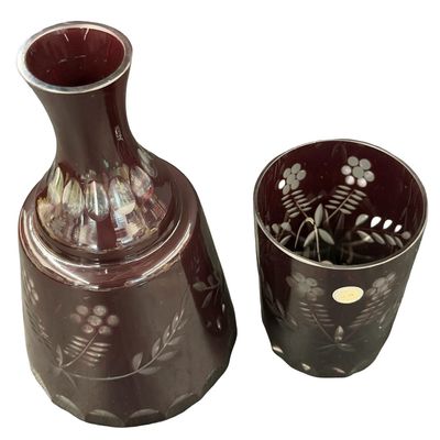 Vintage Bohemian Czech Cranberry Ruby Red & Clear Cut-To-Clear Glass Crystal Bedside Water Decanter Carafe & Tumbler Set