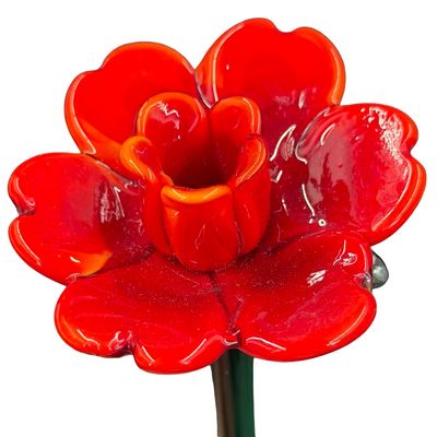 Vintage Hand-Blown Art Glass Handcrafted Long-Stem Flower Figurine featuring a Vibrant Red Blown-Glass Bloom 16"