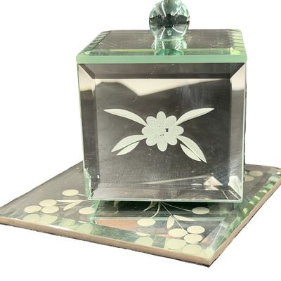 Vintage Etched Mirrored Glass Trinket or Jewelry Box with a Matching Mirror Tray - Large