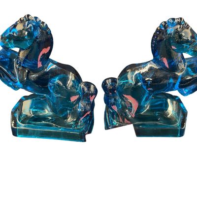 Vintage Set of Mid-20th Century L.E. Smith Aqua or Turquoise Blue Glass Rearing Horse Bookends