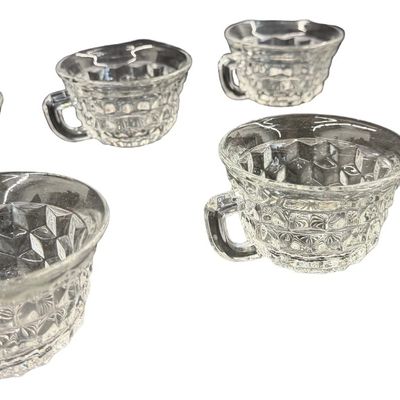 Vintage Fostoria American Clear Pressed Glass Punch Cups featuring a Geometric Cubist Diamond Pattern and D-Style Handles - Set of 6