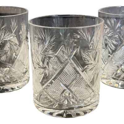 Russian Cut Crystal Double Old-Fashioned Whiskey Rocks Glasses featuring a Classic Geometric Star and Diamond Pattern - Lot of 3